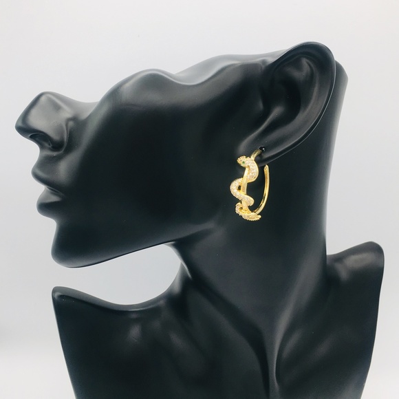 Victorian Gothic Gold Snake Serpent Hoops with Emerald Green Crystal Eyes - Picture 4 of 7